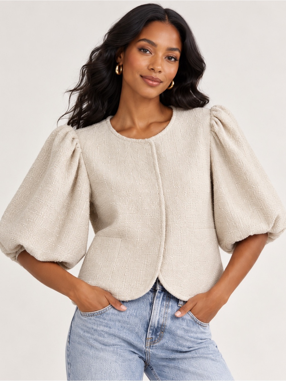 Dolan Cream Puff-Sleeve Bouclé Jacket Med